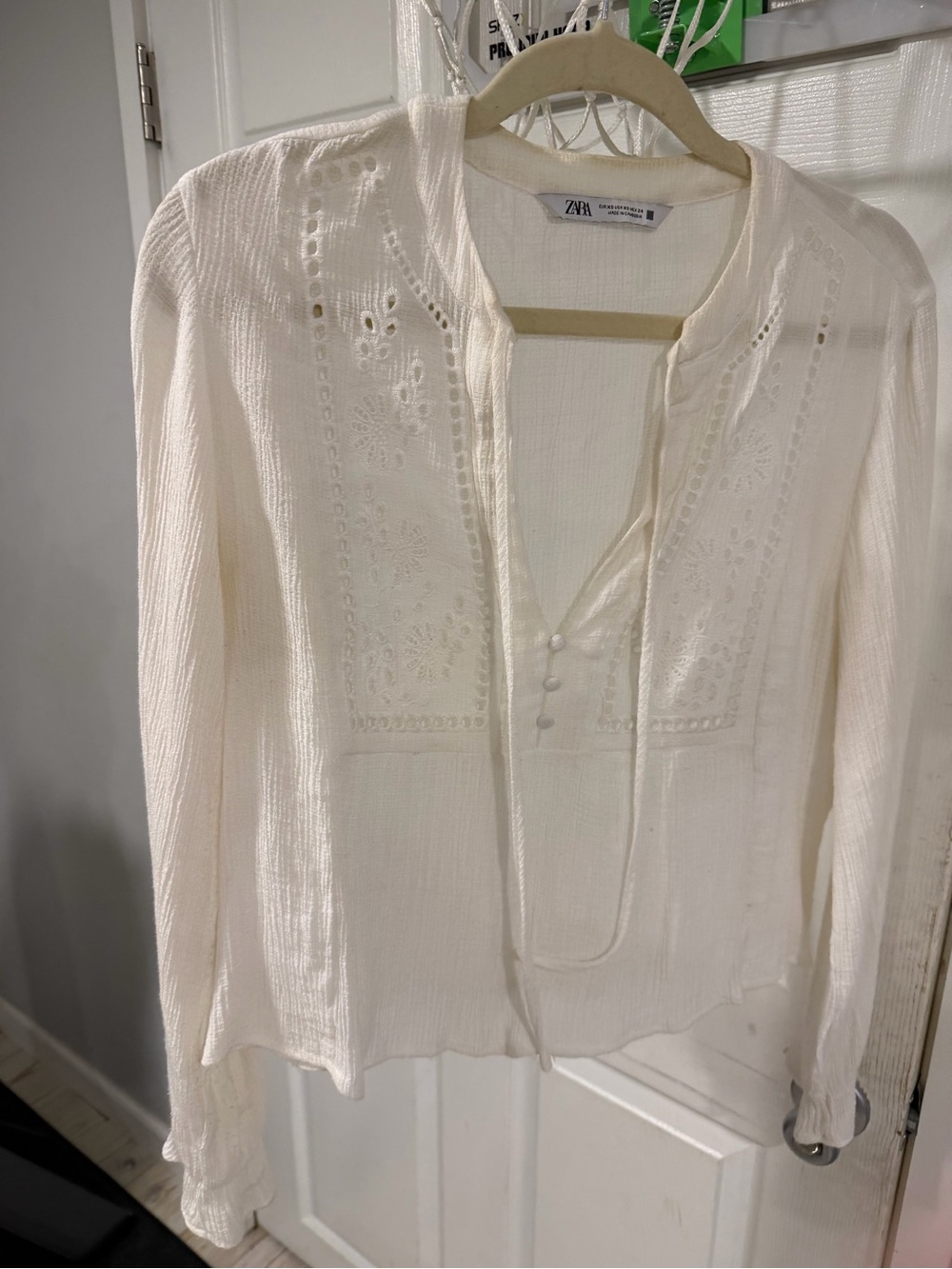 ZARA Cream Eyelet Embroidered Split-Neck Blouse